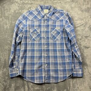 Lucky Brand Western Blue Plaid Pearl Snaps Men's size Large Shirt Rancher Cowboy